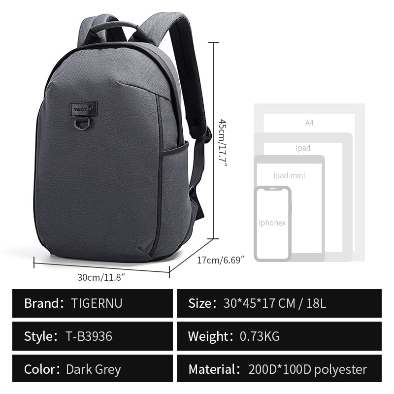 Tigernu's new fashionable 15.6-inch laptop backpack with anti-theft function, men's waterproof school backpack 18L, men's leisure bag
