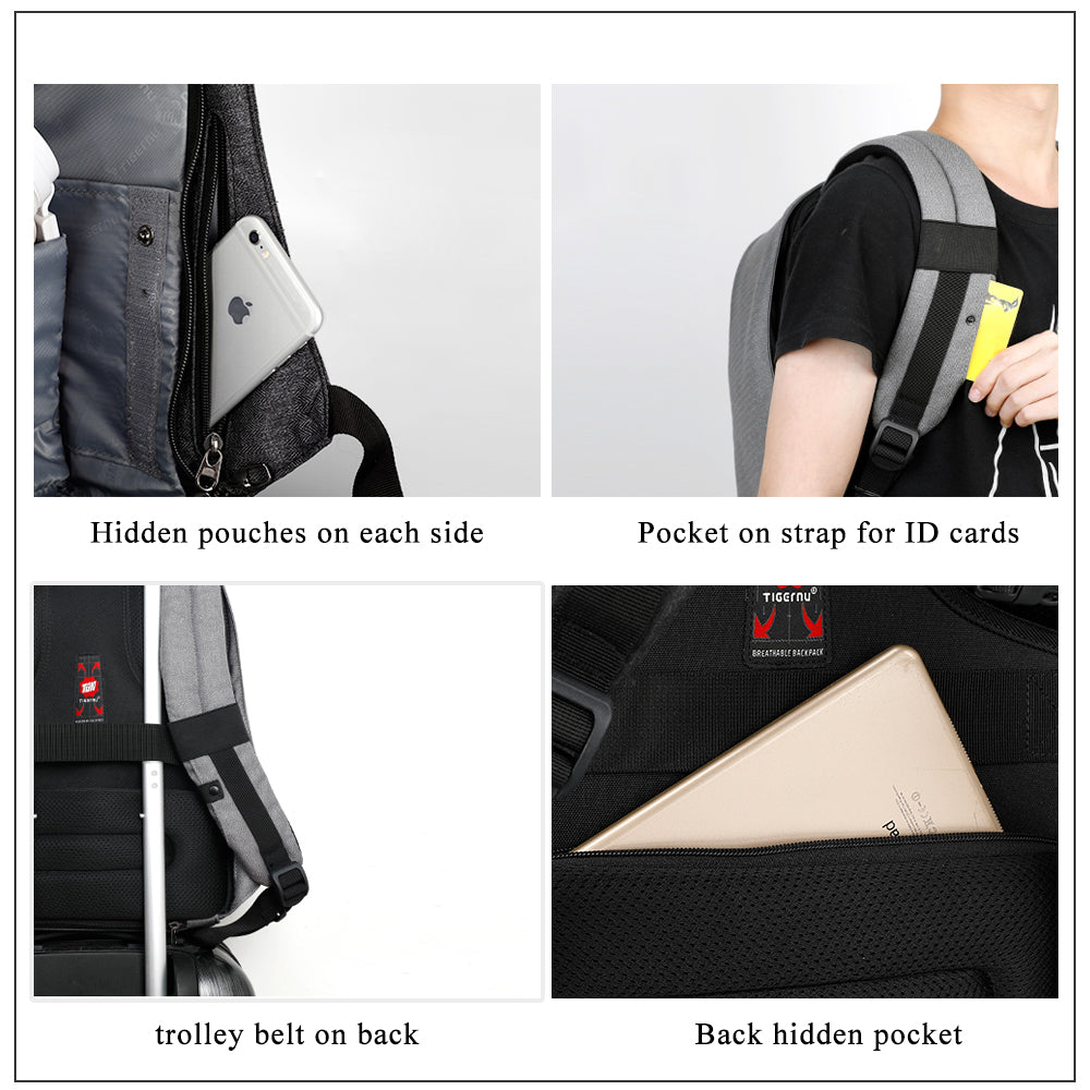 Tigernu T-B3213HC Backpack for men boys travel outdoor big bag with usb charging anti theft black gray leisure style fits for 15.6