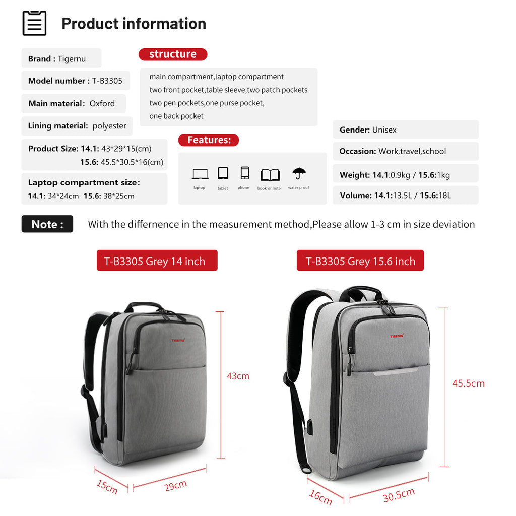 Tigernu brand usb men's backpack anti-theft backpack 14-15.6 inch laptop backpack waterproof men's backpack women's schoolbag