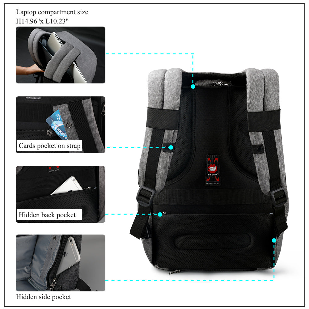 Tigernu T-B3213HC Backpack for men boys travel outdoor big bag with usb charging anti theft black gray leisure style fits for 15.6