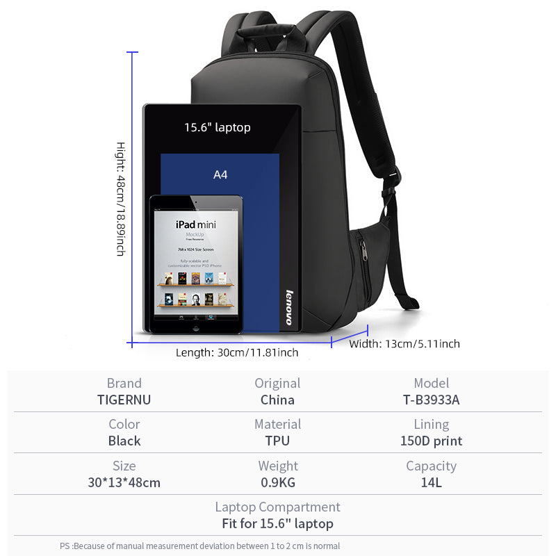 Tigernu - Nueva mochila para portátil de 15,6 pulgadas, ultraligera, impermeable y con carga USB para hombre 