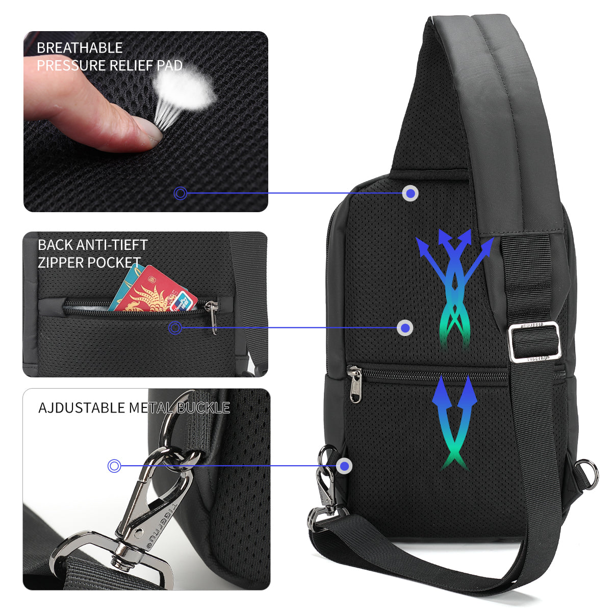 Tigernu Bulletproof fashion chest sling bag men wholesale Sling Bag sling shoulder crossbody BAG large capacity 9.6 inch black TPU