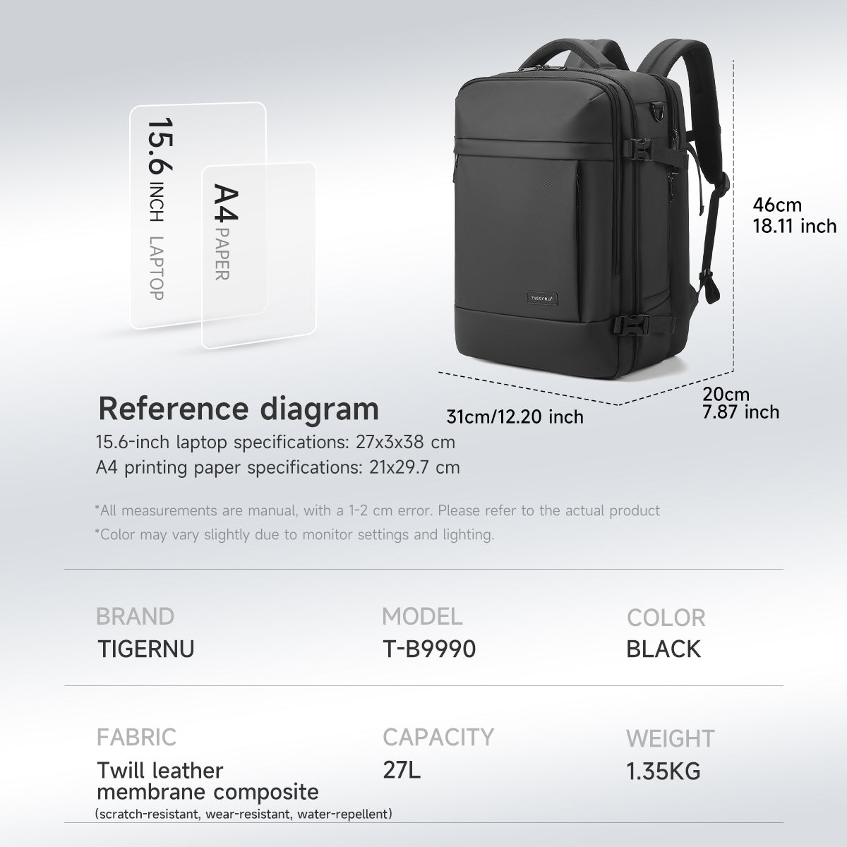 Mochila Tigernu de gran capacidad para hombre, impermeable, para viajes, senderismo, portátil, de 14 a 15,6 pulgadas