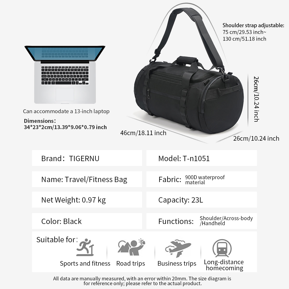 Tigernu 	T-N1051 brand new travel fitness trendy and fashionable gym waterproof bag with shoes compartments