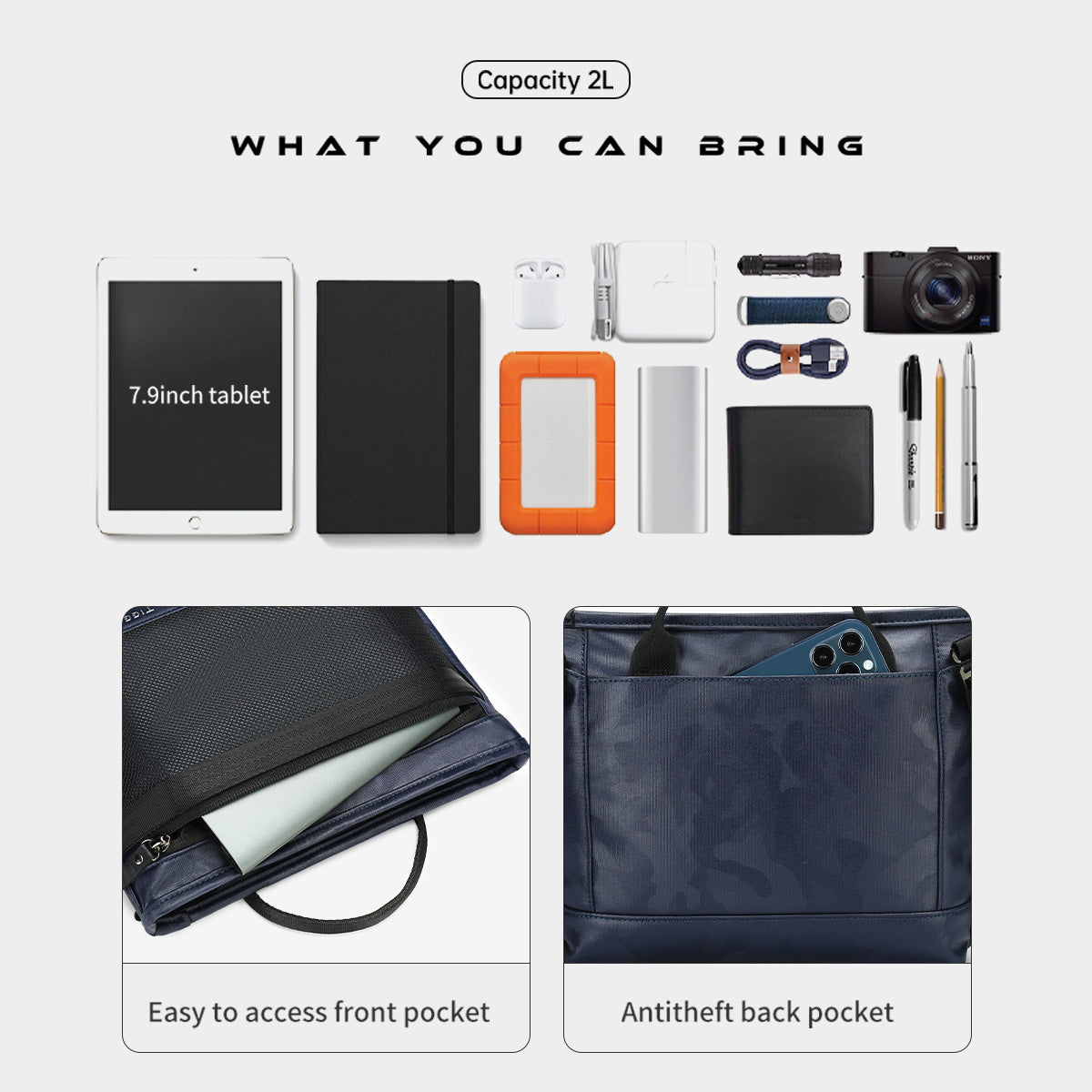 Lifetime warranty, men's TPU shoulder bag, waterproof, 7.9 inch, tablet, shoulder bag, mini,