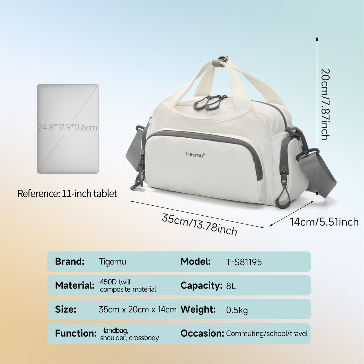 TIGERNU T-S81195 Versatile Handbag 8L Multi-Compartment with Ergonomic Straps