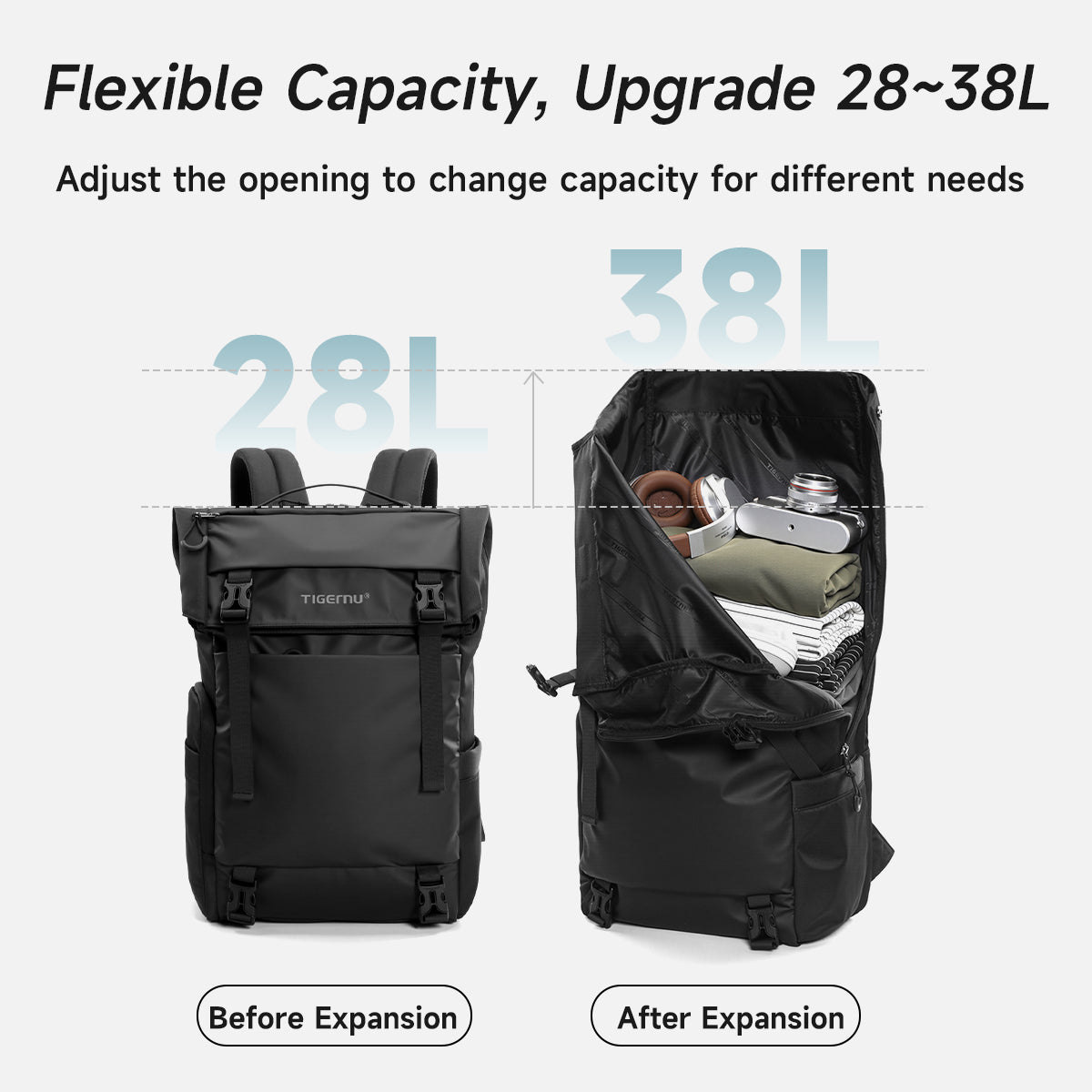 TIGERNU T-B91025 Expandable Travel Backpack 28-38L Laptop Compatible