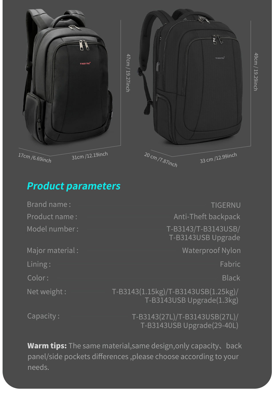 Tigernu Anti Theft Nylon 27L Men 15.6-17 inch Laptop Backpacks School Fashion Travel Backpacking Backpack Male Backpack For Laptop