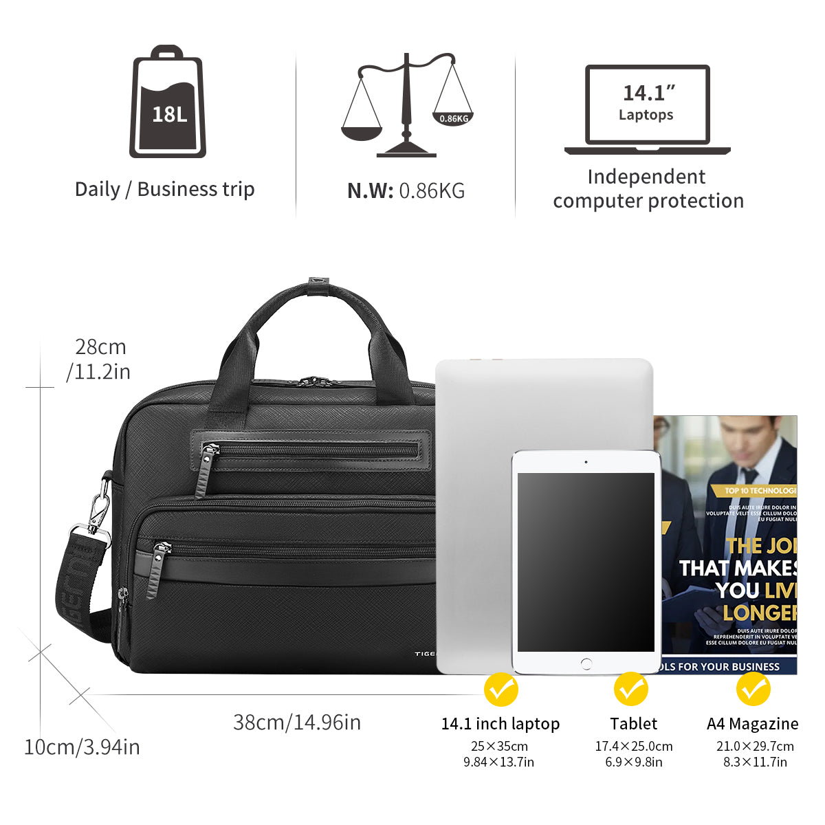 Tigernu Business Waterproof Briefcase Men Laptop Briefcase 12-14.1" Casual Vintage Briefcase Laptop Handbag Bags Connect Series