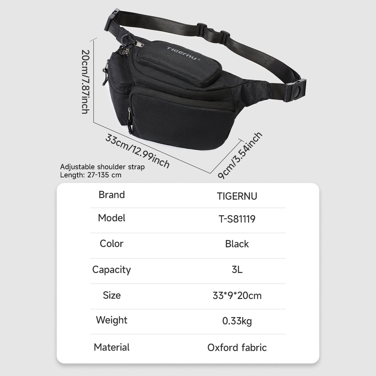 TIGERNU T-S81119 Multi-Compartment Waist Bag 3L with Rotatable Strap