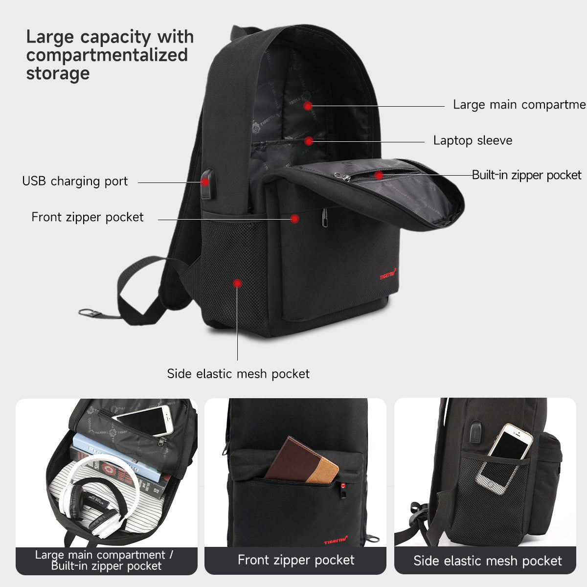 TIGERNU T-B3249 Laptop Backpack - 14L Capacity Business Travel Bag with USB Charging Port
