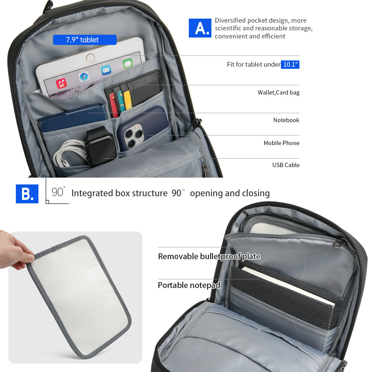 Tigernu Bulletproof fashion chest sling bag men wholesale Sling Bag sling shoulder crossbody BAG large capacity 9.6 inch black TPU