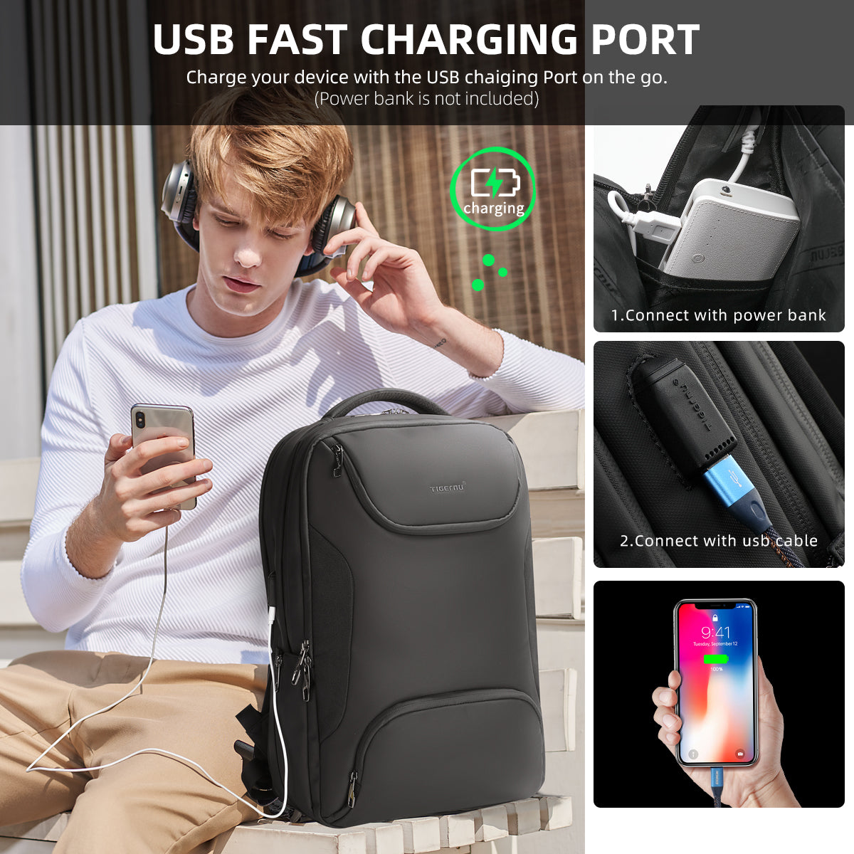 Mochila Tigernu de gran capacidad y nueva moda para hombre, apta para portátiles de 15,6", antirrobo, para viajes escolares, impermeable, de TPU. 