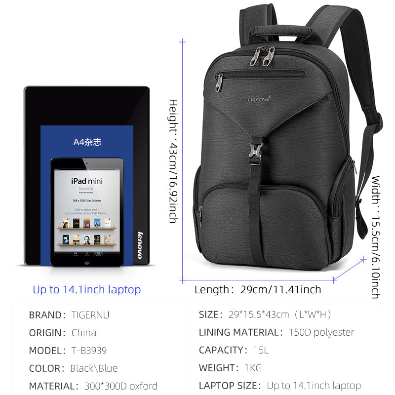 Men's waterproof laptop backpack 14 inch, with laptop compartment