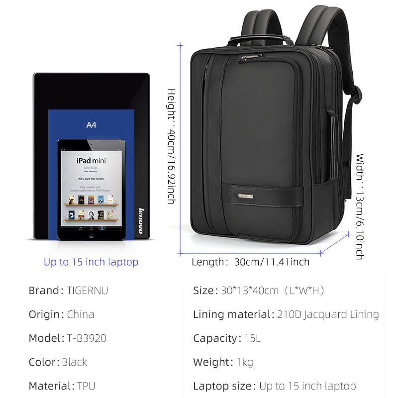 Mochila para portátil Tigernu 3 en 1, resistente al agua, de 15 pulgadas, para hombre 