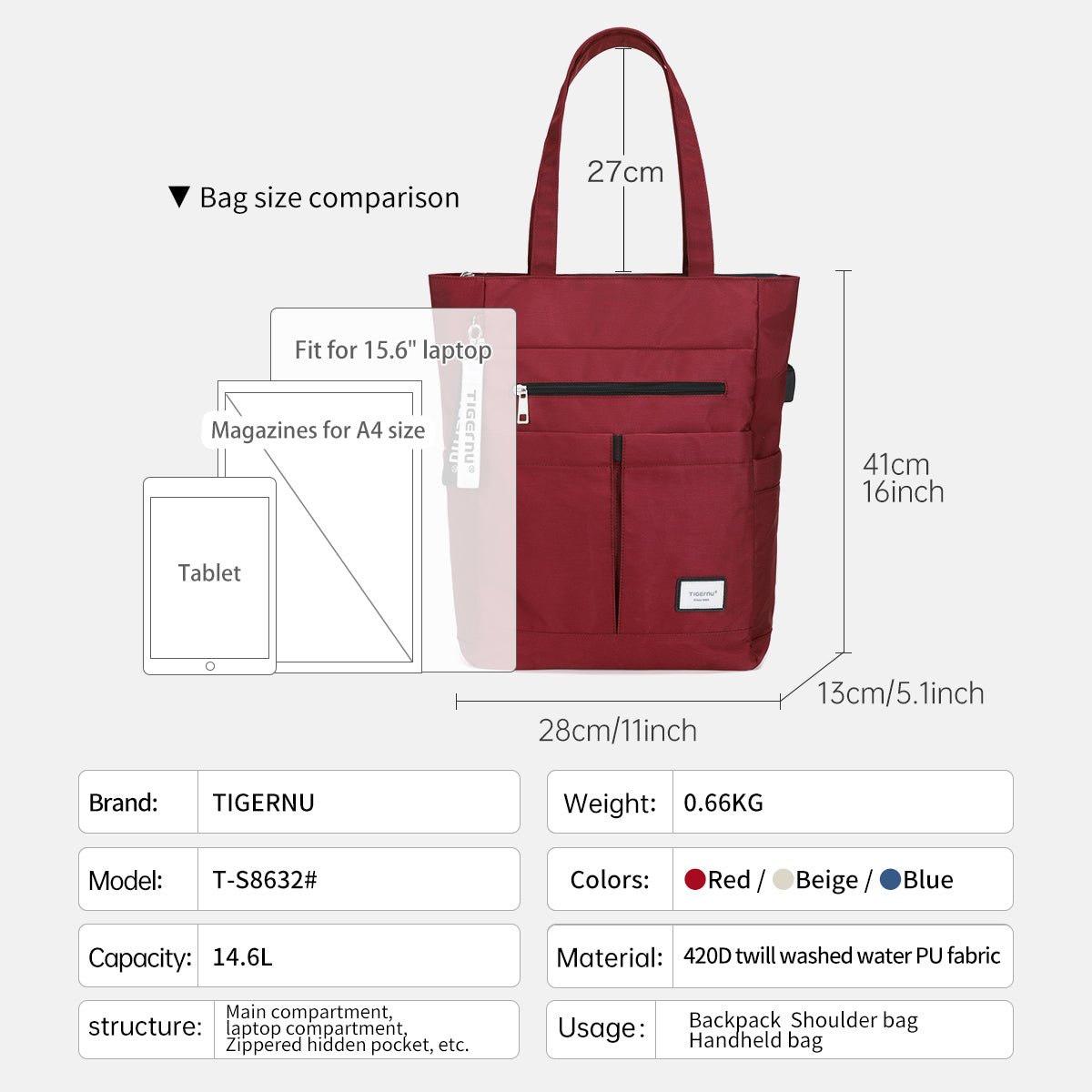 Mochila deportiva informal Tigernu T-S8632, resistente al agua, con carga USB, para portátil, para niñas y mujeres