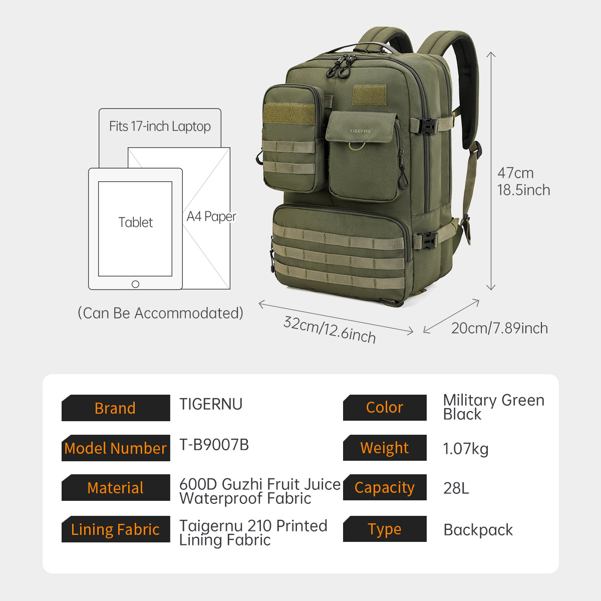TIGERNU T-B9007B Mountaineering Camping Adventure Multifunctional 28L Large Capacity Travel Laptop Backpack