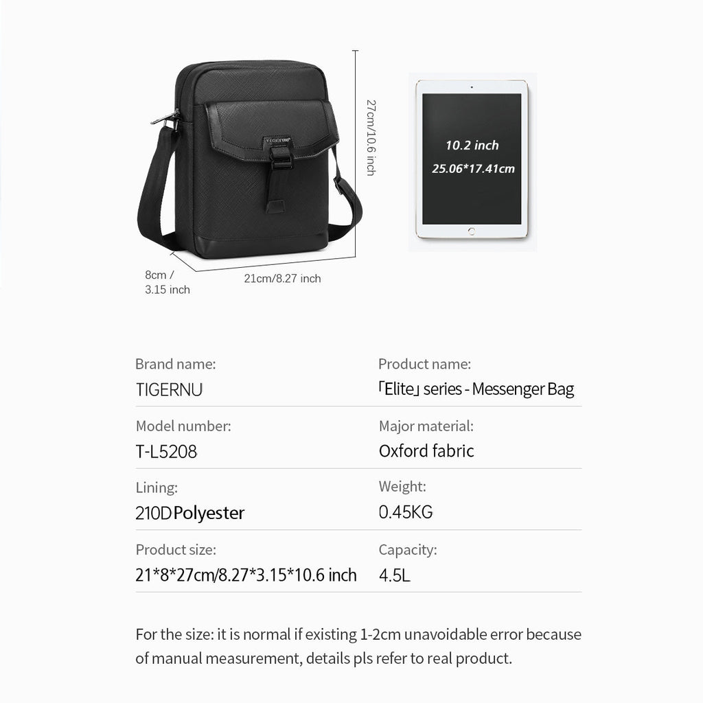 Bolso bandolera impermeable y antiarrugas Tigernu Elite Series para iPad de 10,2 pulgadas