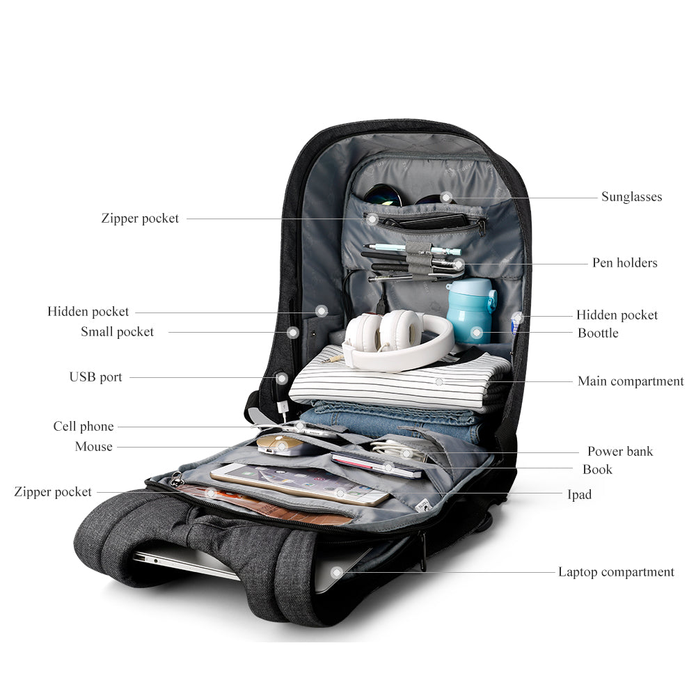 Tigernu T-B3213HC Backpack for men boys travel outdoor big bag with usb charging anti theft black gray leisure style fits for 15.6