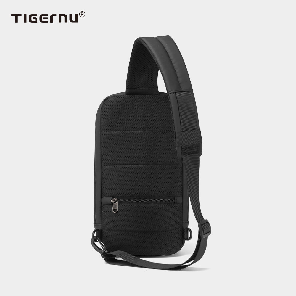 Back view of a black crossbody bag with model T-S8100