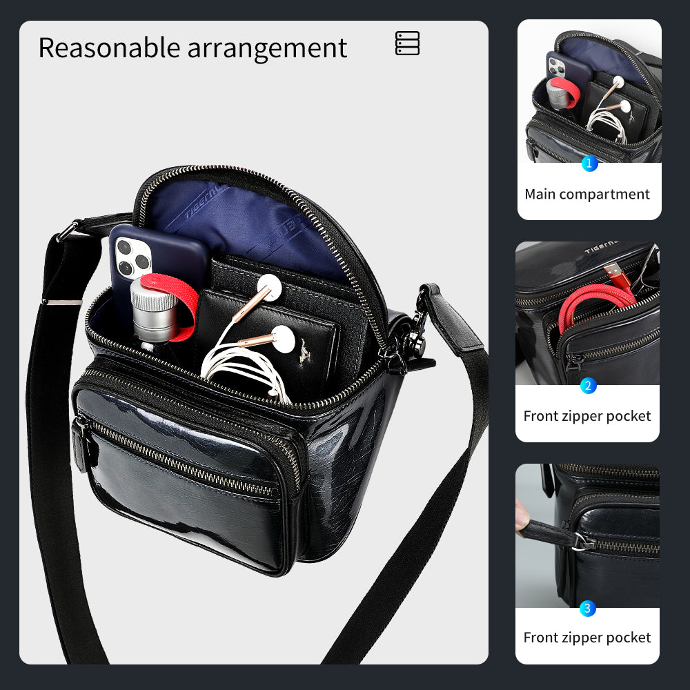 Capacity display diagram of black leather shoulder bag model TGN1001