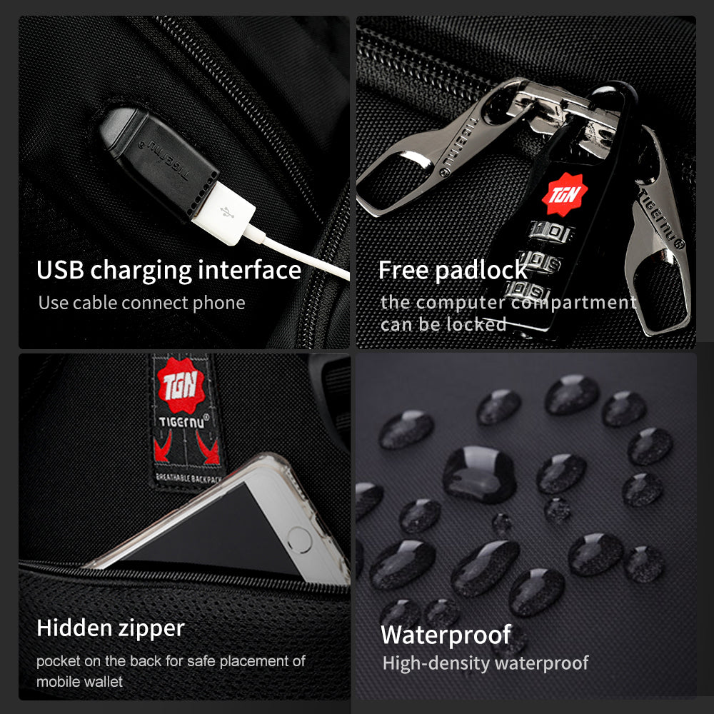 Detailed display of the black backpack model T-B143 usb