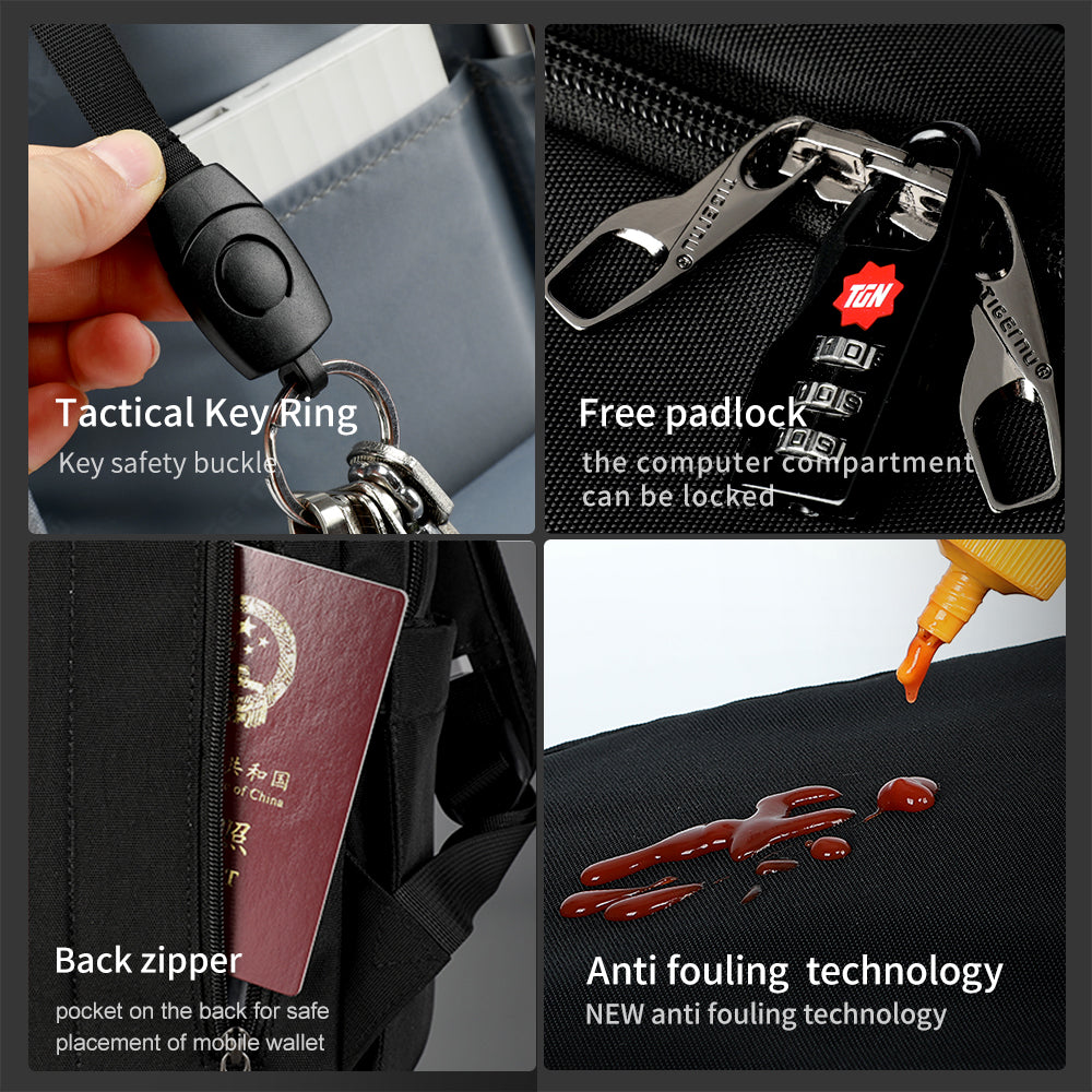 Detailed display of the black backpack model T-B3090