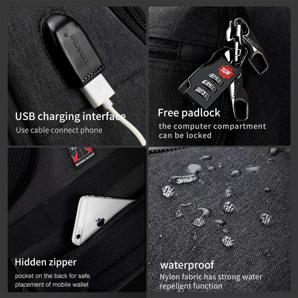 Detailed display of the black backpack model T-B3242