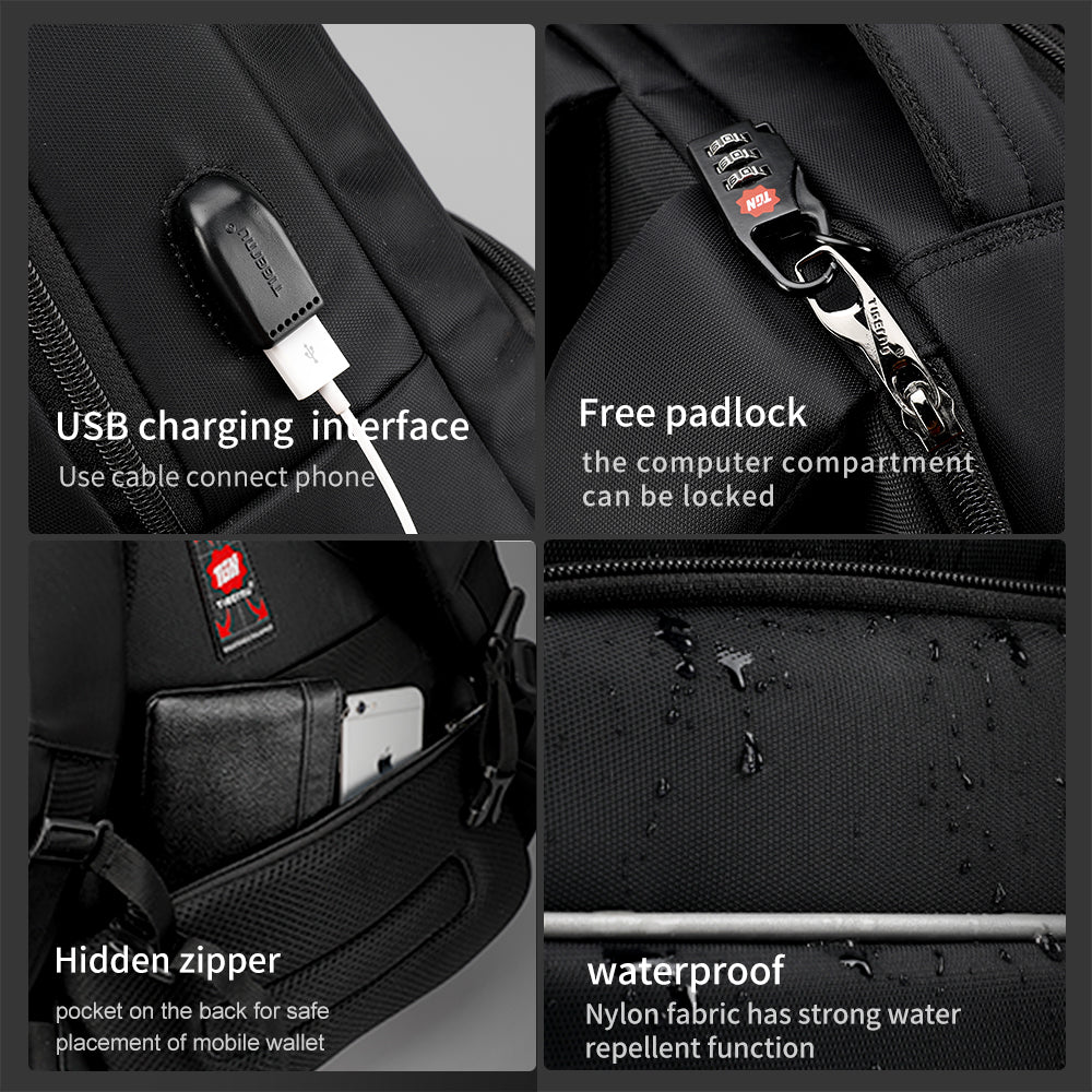 Detailed display of the black backpack model T-B3319