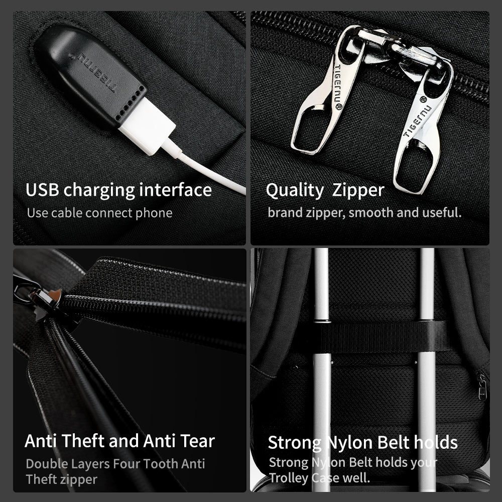 Detailed display of the black backpack model T-B3399