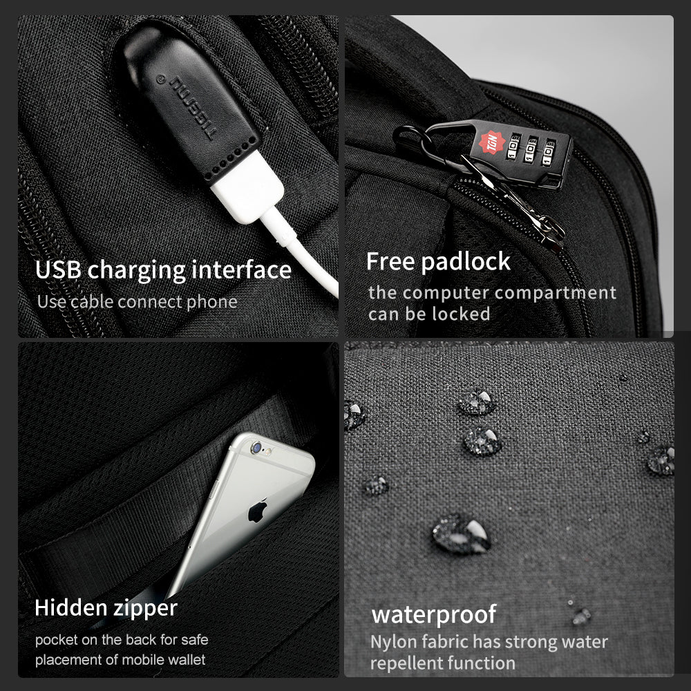 Detailed display of the black backpack model T-B3503