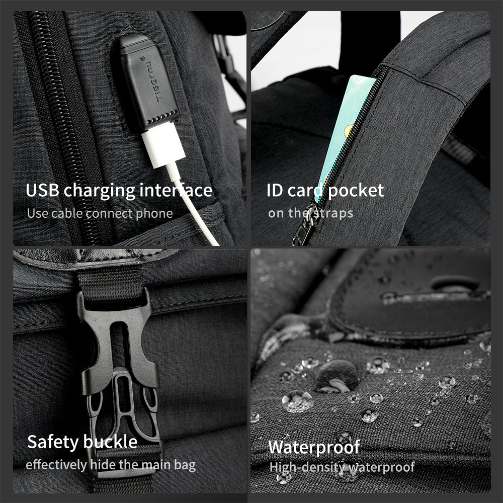 Detailed display of the black backpack model T-B3513