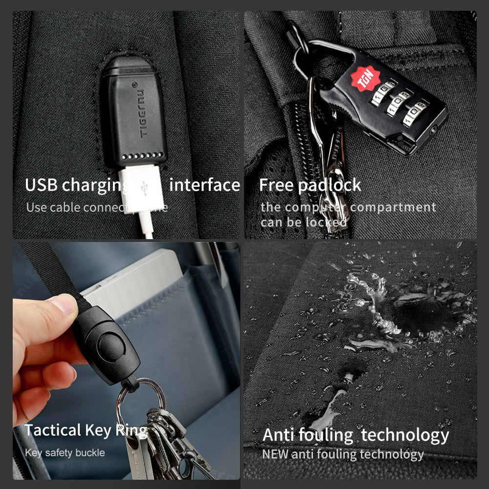 Detailed display of the black backpack model T-B3515