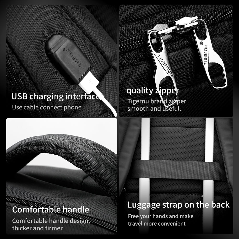 Detailed display of the black backpack model T-B3585