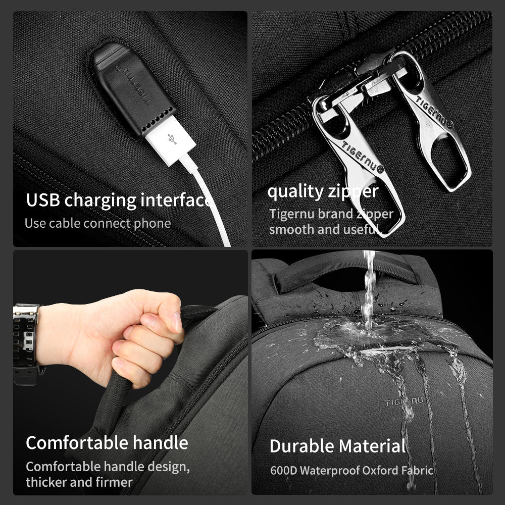 Detailed display of the black backpack model T-B3595