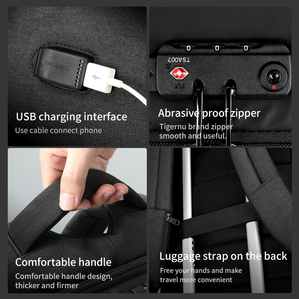 Detailed display of the black backpack model T-B3611