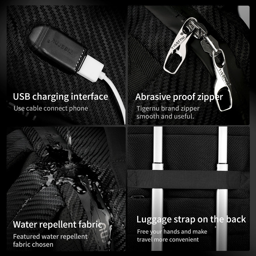 Detailed display of the black backpack model T-B3655