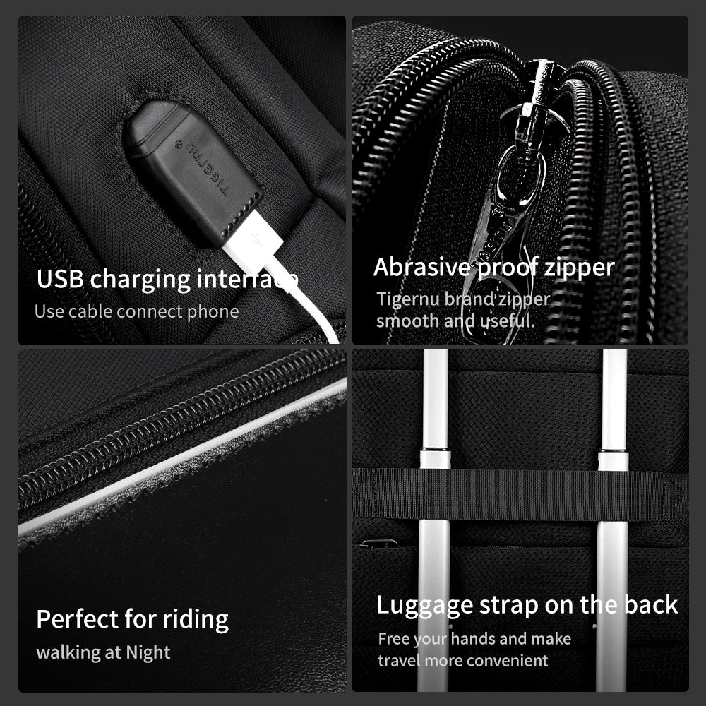 Detailed display of the black backpack model T-B3668