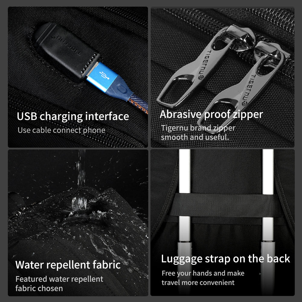 Detailed display of the black backpack model T-B3898