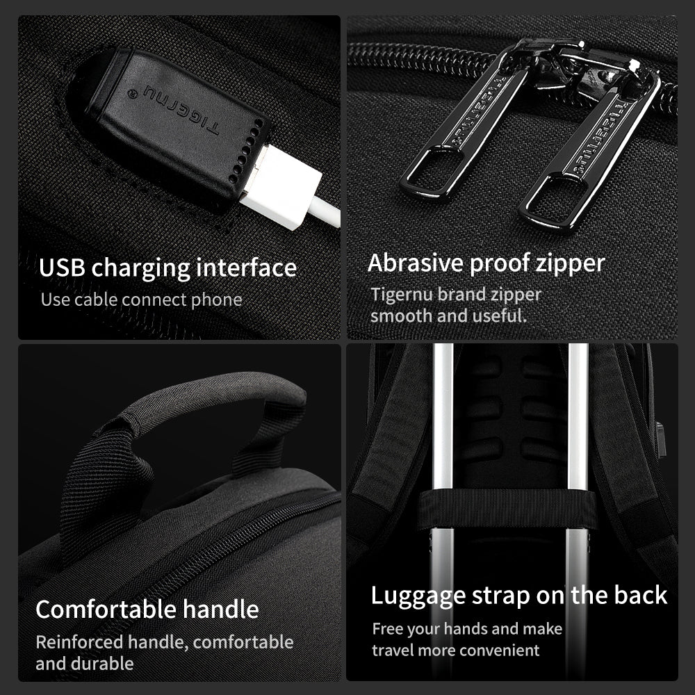 Detailed display of the black backpack model T-B3928