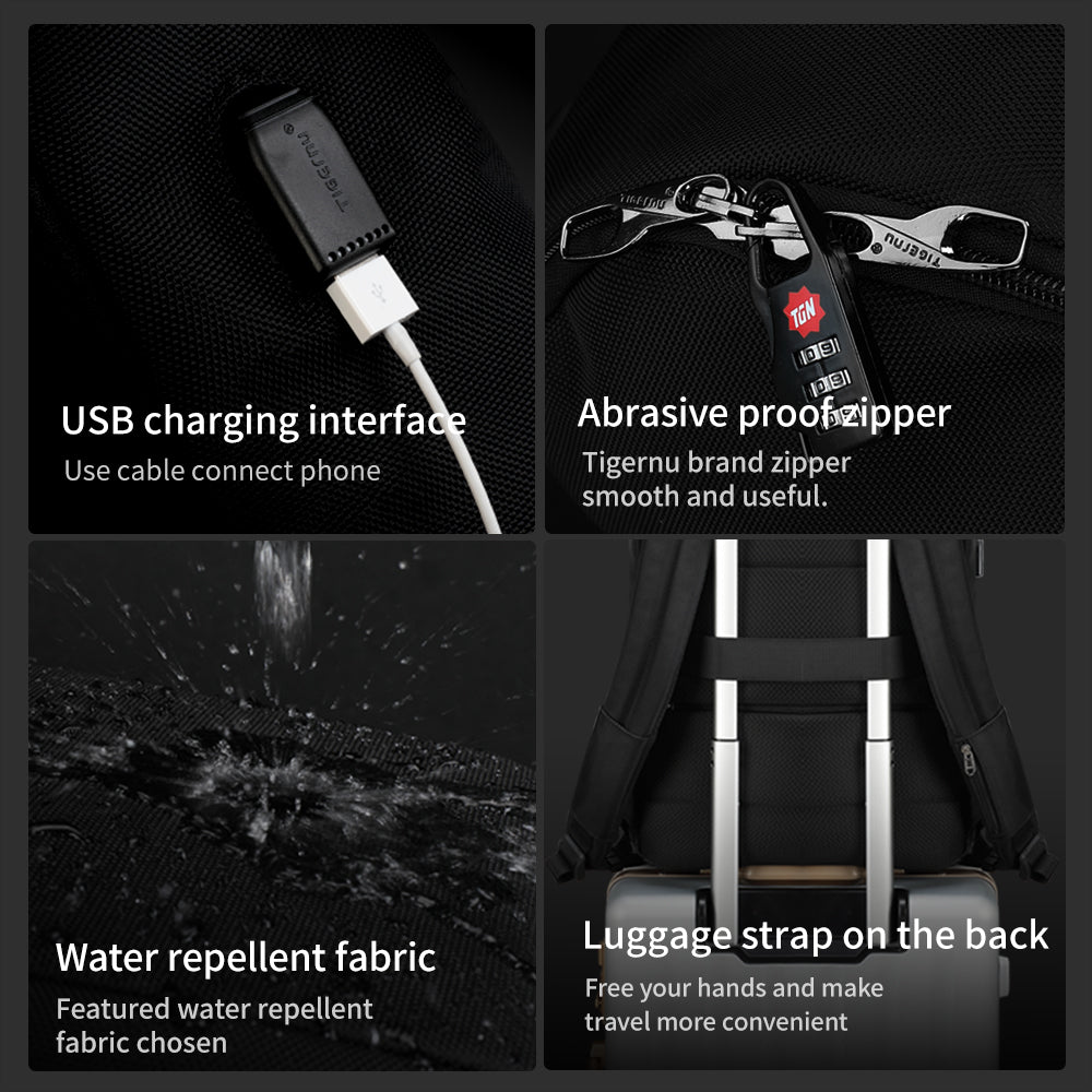 Detailed display of the black backpack model T-B3962