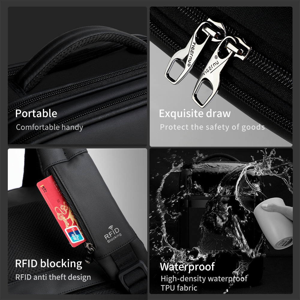 Detailed display of the black backpack model T-B3982