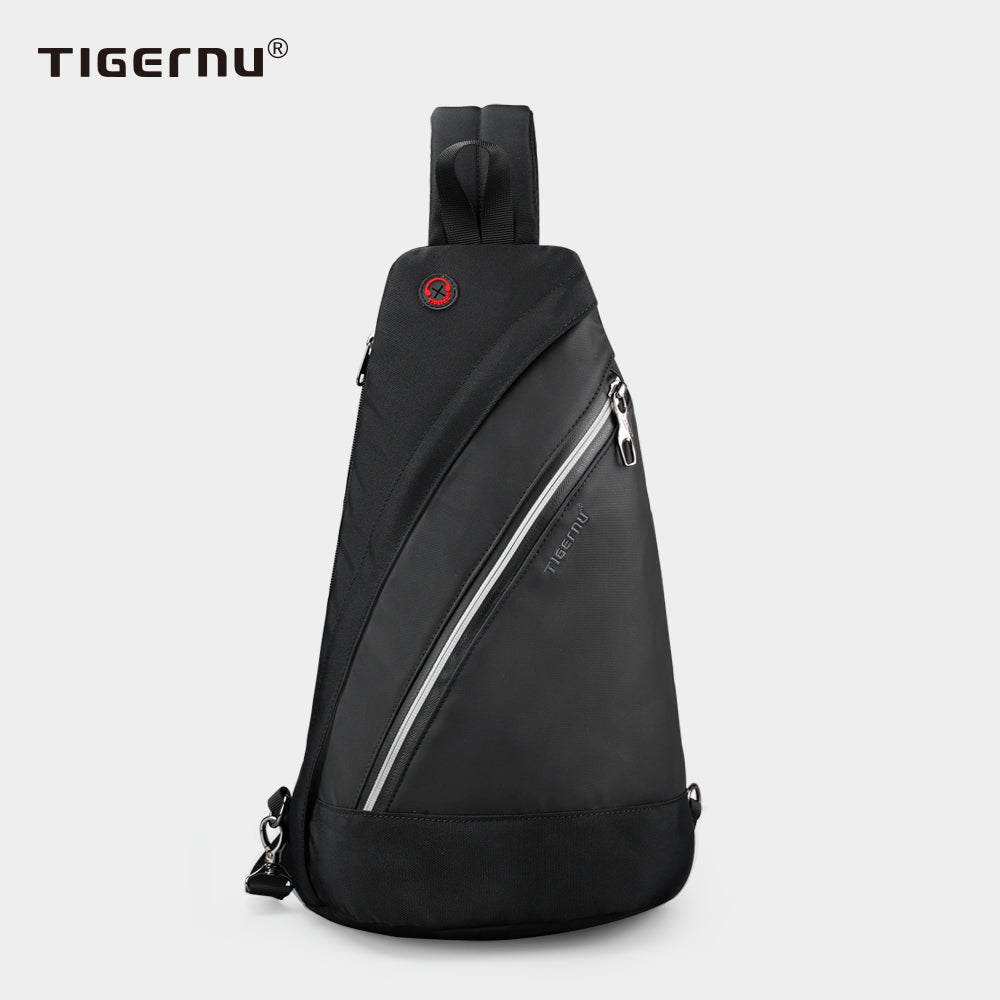 Front view of a black crossbody bag with model T-S8060