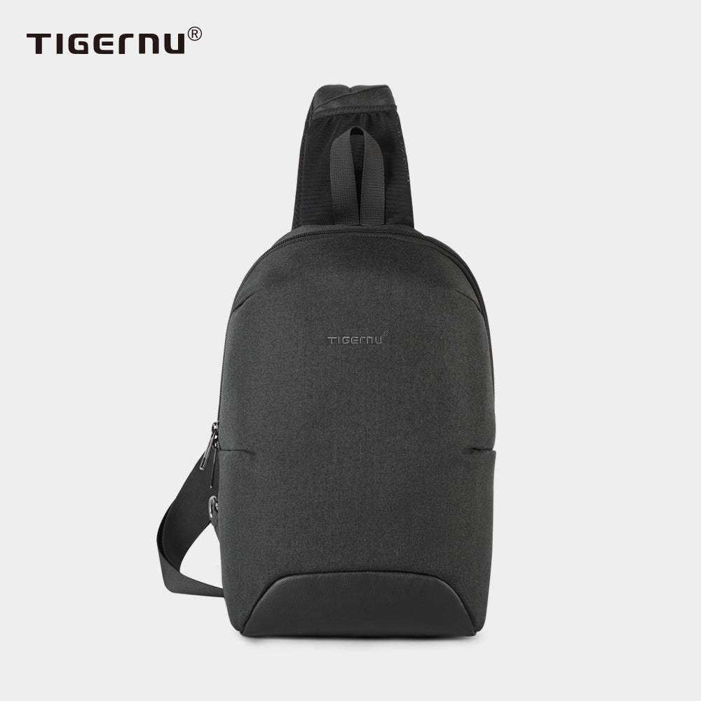 Front view of a black crossbody bag with model T-S8093