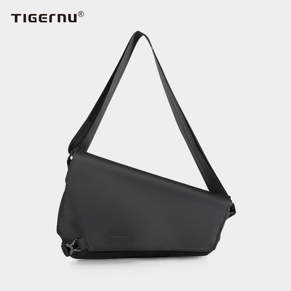 Front view of a black crossbody bag with model T-S8097