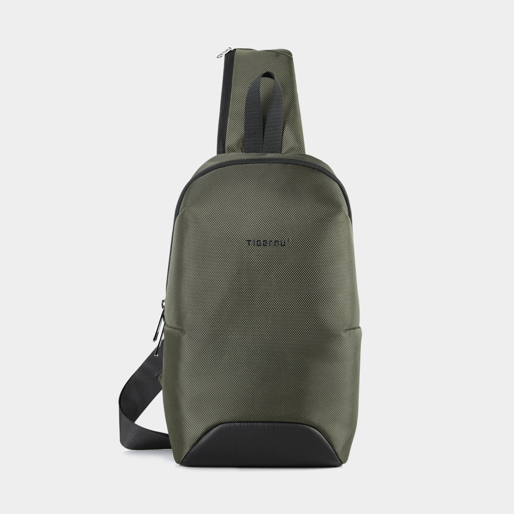 Front view of a green crossbody bag with model T-S8093