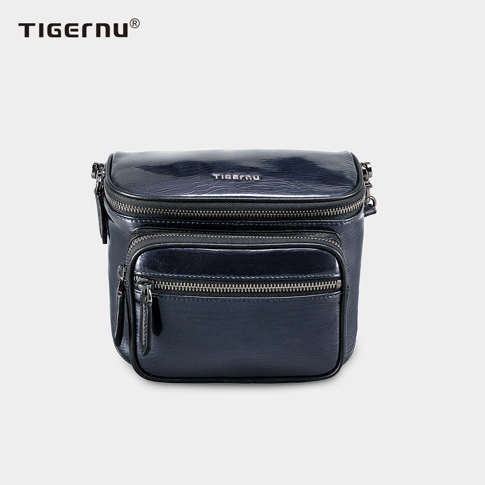 Front view of black leather shoulder bag model TGN1001