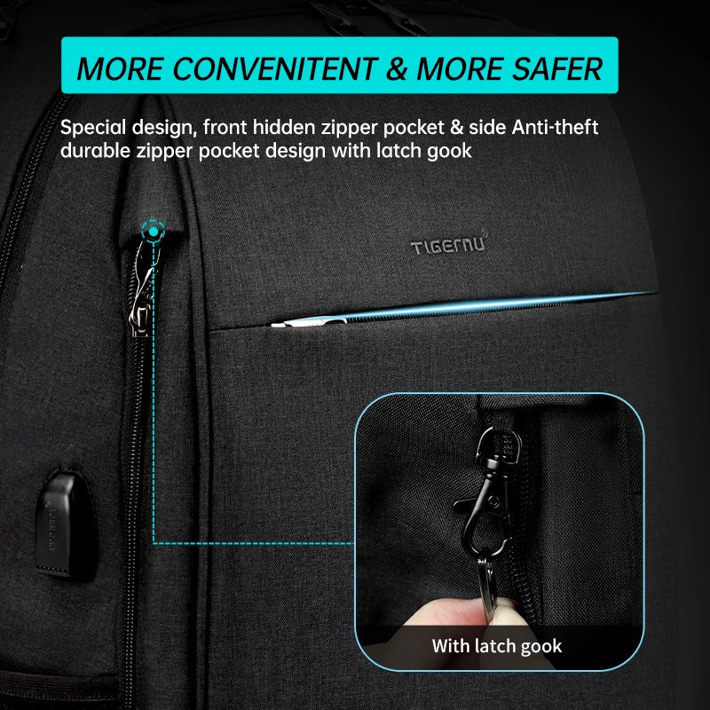 Mochilas de viaje Tigernu para hombre, de moda, antirrobo, con carga USB, para portátil de 15,6", impermeables, delgadas, para la escuela, para hombre y mujer.