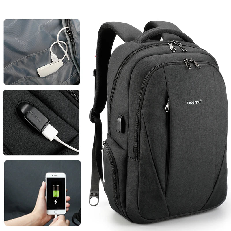 Mochila multifunción Tigernu con carga rápida USB para portátil de 15,6 pulgadas, antirrobo, para adolescentes y hombres