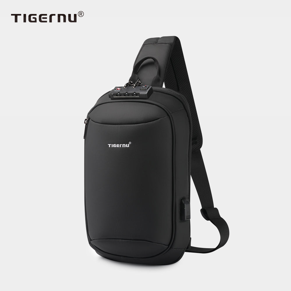 Side view of a black crossbody bag with model T-S8100